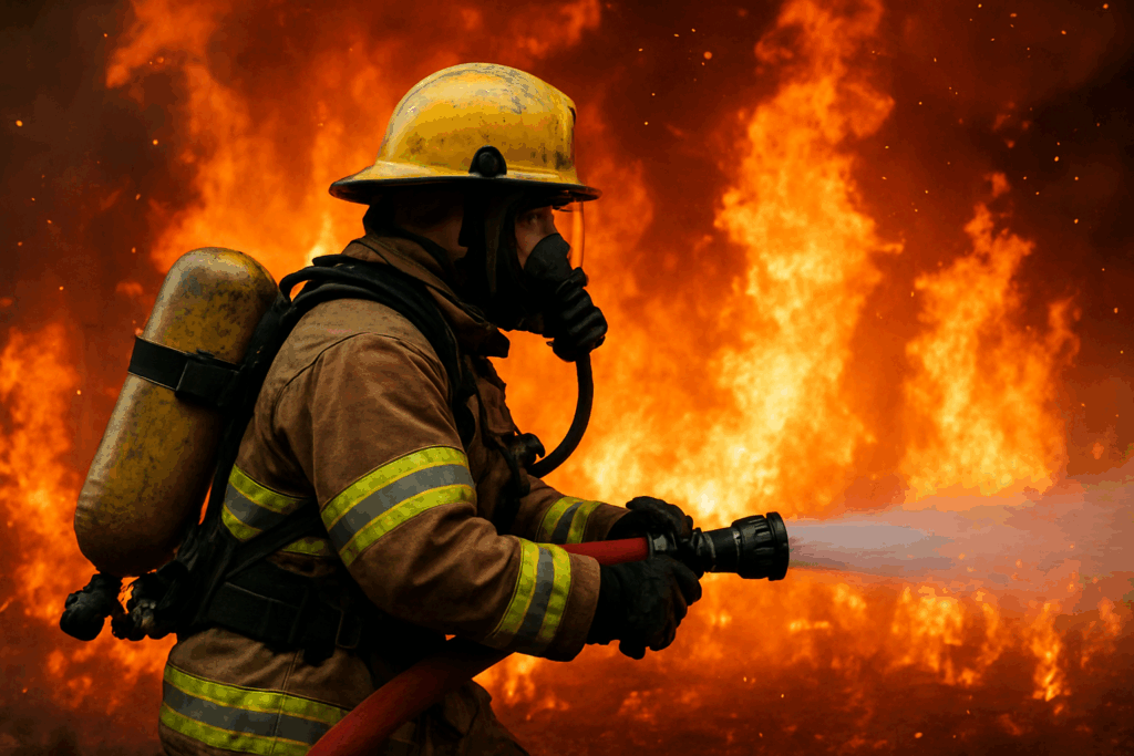 Persona vestido de bombero, apagando un incendio.