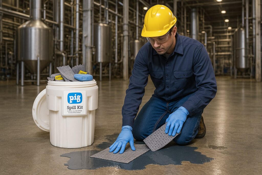 Kit para derrames en una zona industrial con contenedores, tuberías y equipo pesado.