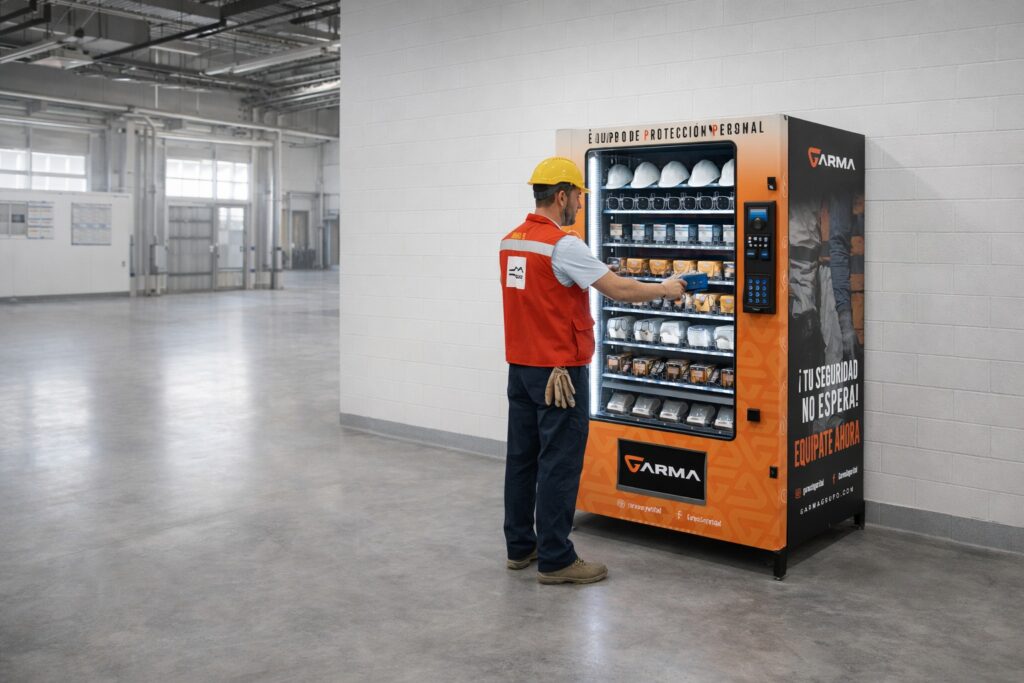 Máquina de vending de EPP instalada dentro de una planta industrial, utilizada para la entrega y control de equipo de protección personal.